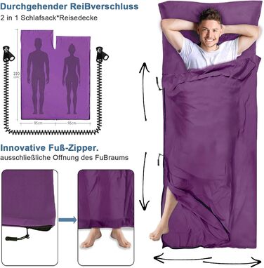 Спальний мішок туристичний 2в1 з мікрофібри, 220x95 см, для кемпінгу, хостелів та гірських притулків, зелений/фіолетовий