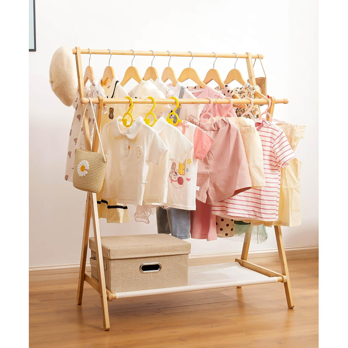 Дитяча вішалка для одягу Yorbay з бамбука, регульована подвійна штанга, з полицями для зберігання, економія місця, натуральний колір