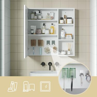 Bathroom cabinet with mirror, mirror cabinet for the bathroom wall-mounted with toothbrush holder and adjustable shelves, ventilation design, 65 x 15 x 65 cm, White