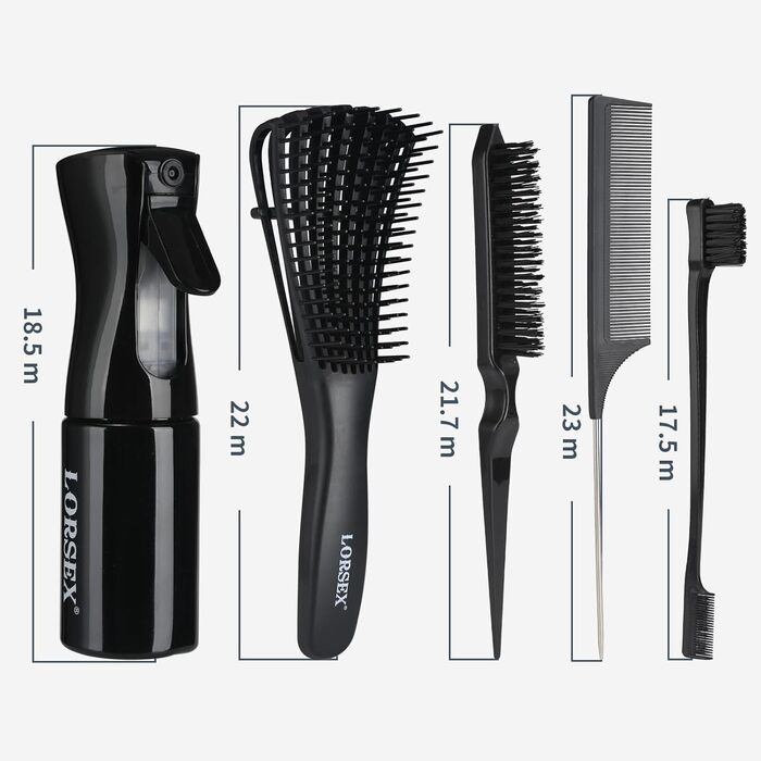 Набір гребінців для волосся з пульверизатором 200 мл: розпушувач, накручувач, двосторонній гребінь (чорний)