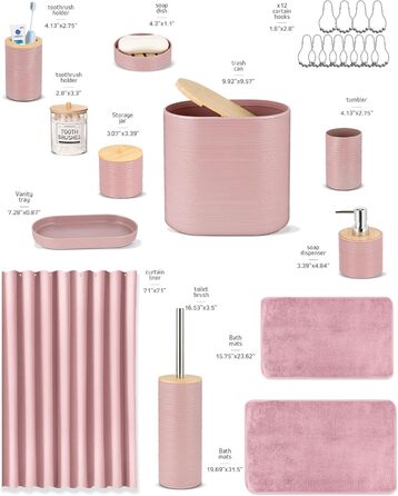 Набір для ванної кімнати IMAVO Pinkes, 26 предметів: аксесуари, душова завіса, килимки, відро, піднос, дозатор мила, мильниця, тримач для зубних щіток, стаканчик для щіток, рожевий
