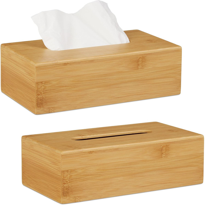 Relaxdays 2 x Cosmetic Tissue Box Bamboo, HBT: 8.5 x 27.5 x 15.5 cm, Tissue and Cosmetic Tissue Dispenser, Natural