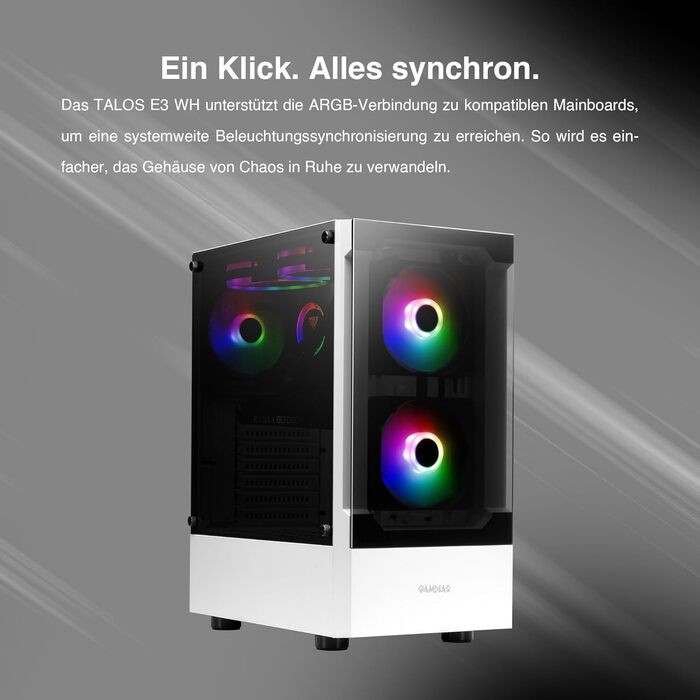 Корпус для ПК Gamdias TALOS E3 - Mid-Tower, білий, з 3 RGB вентиляторами, сітчаста передня панель, скло, PSU-кришка