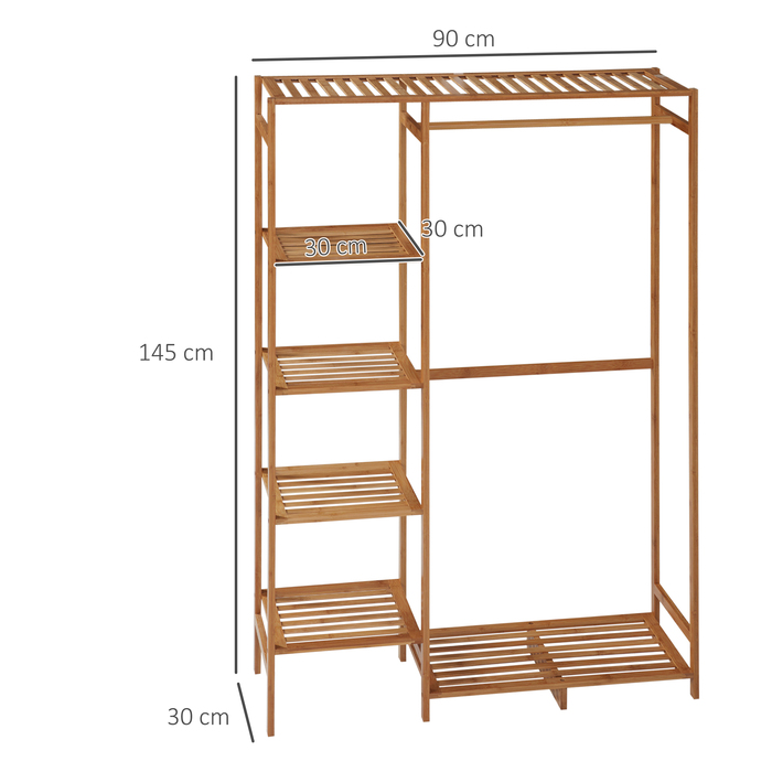 HOMCOM Clothes Rack Coat Stand with Clothes Rod, Shoe Storage, Shelf, Bamboo Wardrobe for Bedroom, Exhibitions, Laundry Room, Utility Room, Natural Wood | Aosom