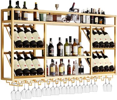 Настінна вітрина для вина з тримачем для келихів, 3-ярусна, металева вітрина в рустикальному стилі для алкогольних напоїв, для домашнього бару, зберігання вина на кухні (Золотий, 160см)