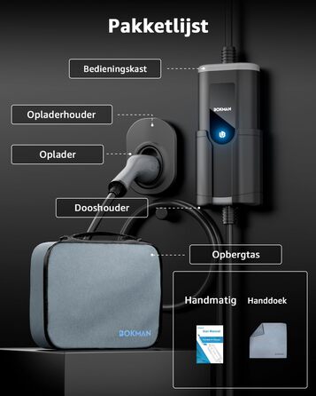 Зарядний пристрій для електромобіля Bokman Mobile Wallbox 11 кВт Type 2 з кабелем CEE 5м та адаптером (16A, 3 фази, IP65)