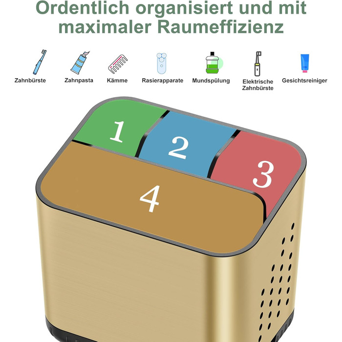 Тримач для зубних щіток електричної та звичайної, дерев'яний, з дренажними отворами, на 4 щітки, для ванної кімнати (Чорне золото, середній)