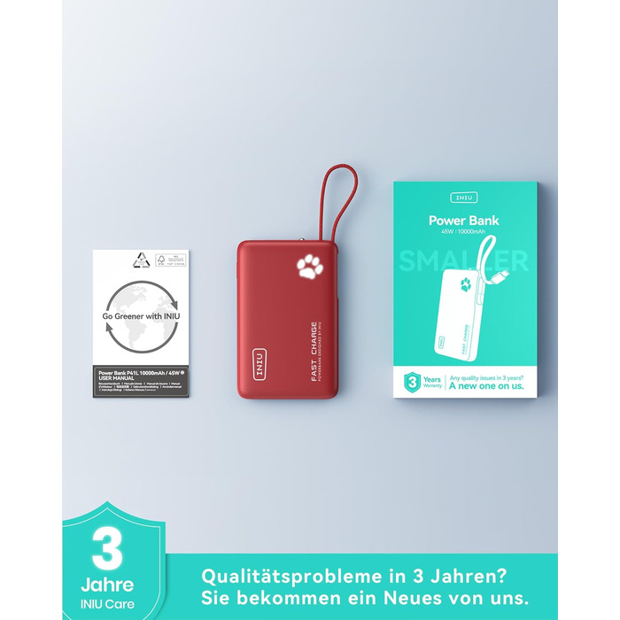 Power Bank INIU 10000mAh 20W з USB-C кабелем, PD3.0/QC4.0, для iPhone/Samsung/iPad (Червоний)