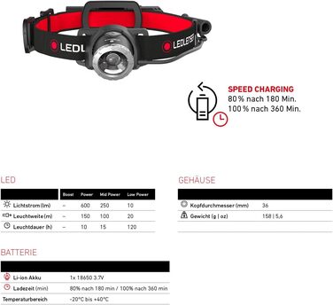 Налобний ліхтар Ledlenser H8R, 600 люмен, LED, акумуляторний, до 120 годин, червоне світло, у коробці
