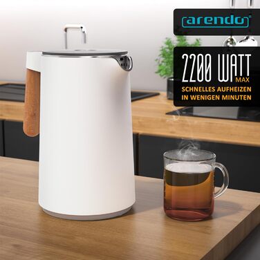 Arendo - Stainless Steel Kettle with Temperature Setting - 45°C-100°C - 1.5 Liter - Double-Walled - BPA Free - Keep Warm Function - Tea Kettle with Temperature Indicator - Cool Touch Handle - Matte White