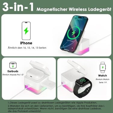 Бездротова зарядна станція 3-в-1 Minthouz Cube, швидка зарядка Qi 15W з багатокольоровою підсвіткою для iPhone 16, 15, 14, 13