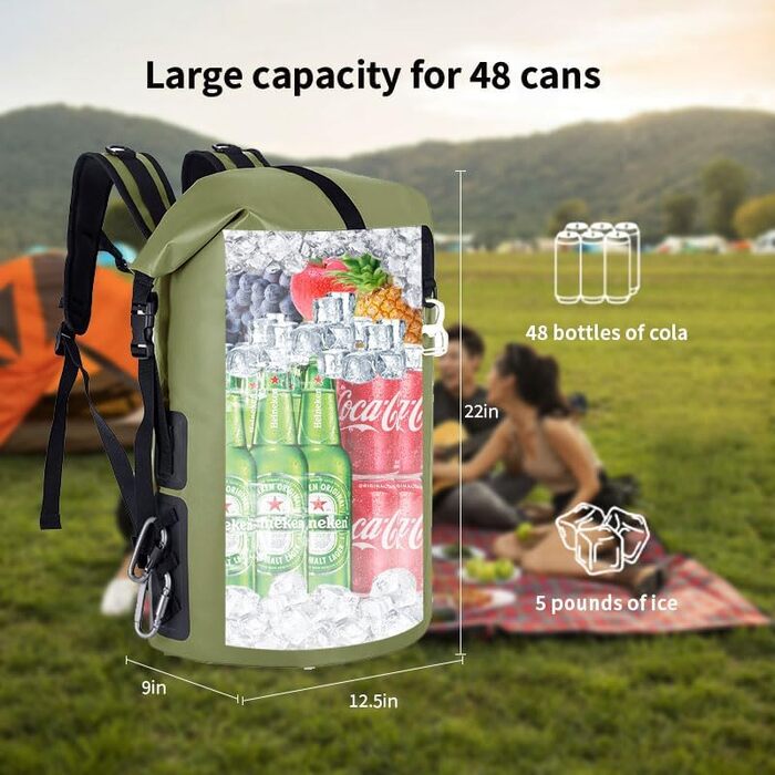Рюкзак-холодильник Iculbag 35L для дорослих, 48 літрів, армійного кольору, для пляжу, кемпінгу та подорожей