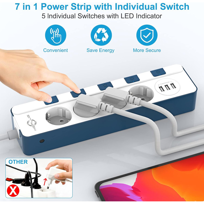 Мережевий фільтр KEPLUG з 6 розетками та 3 USB-портами (4000W, 16A), блакитний, з дитячим захистом, 2 м кабель