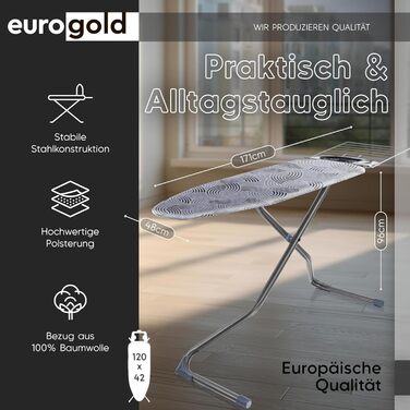 Прасувальна дошка EUROGOLD® Premium 120x42 см з турбочохлом та полицею - стабільна, регульована по висоті, з антиковзними ніжками та бавовняним чохлом (сіра)