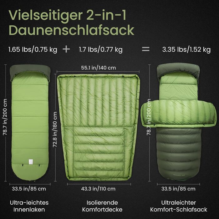 ATEPA 3-Season Down Sleeping Bag - Recyclable 650FP, Lightweight with Removable Blanket - Adult Quilting Sleeping Bag for Backpacking & Hiking (Pro Green, ThermaExtreme Pro Max)