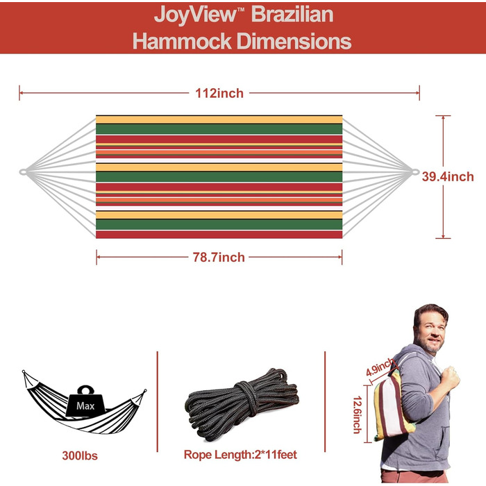 Гамак бразильський JoyView одинарний, 200x100 см, червоно-зелені смуги - портативний гамак з мотузками та сумкою для відпочинку вдома та на вулиці