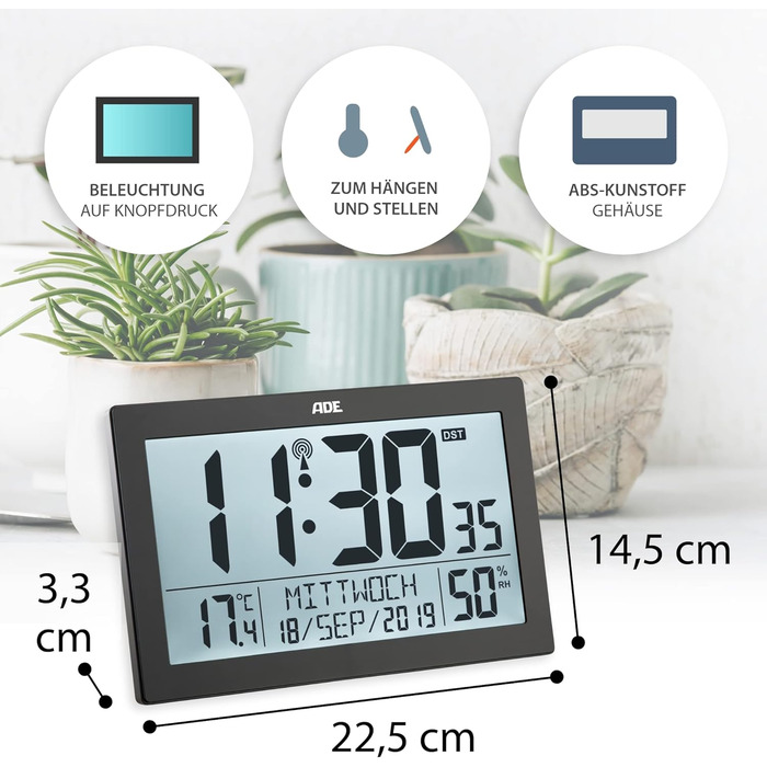 Digital Radio Clock with Large XL Display | Calendar | with Temperature Display & Hygrometer | Wall Clock | Radio Alarm Clock with 2 Alarm Times and Snooze Function | (--)