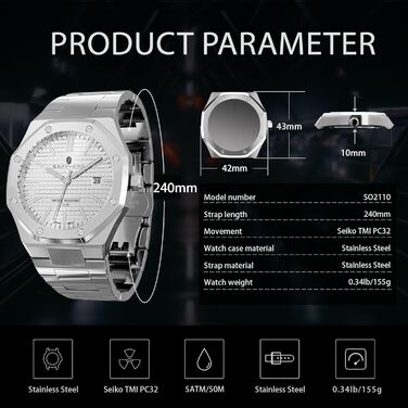 Годинник SAPPHERO для чоловіків: класичні кварцові годинники з нержавіючої сталі, водонепроникні 50M, з календарем. Елегантний подарунок для чоловіків. Срібний колір, білий циферблат.