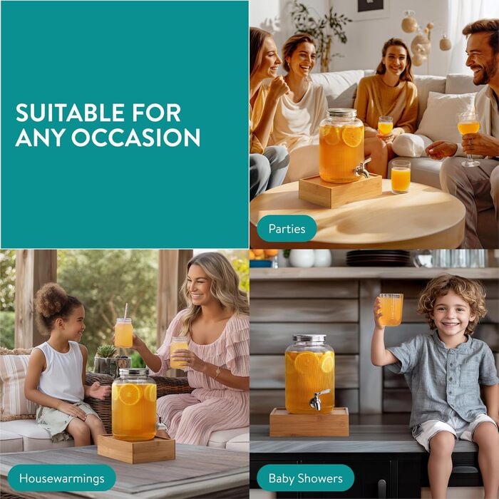 Navaris Drink Dispenser with Tap - Punch Bowl with Lid - Glass Drink Dispenser with Tap - Glass Water Dispenser - Lemonade Dispenser - Juice Dispenser - 4 Liters