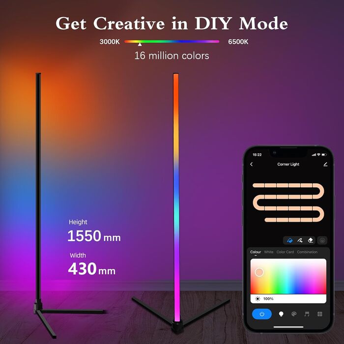 LED кутова лампа Fortand з Wi-Fi, RGB, диммування, сумісна з Alexa/Google Home, з пультом, 155 см, трикутна база