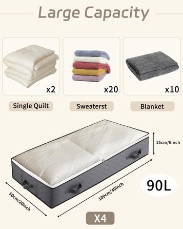 Коробки для зберігання під ліжко з кришкою, 90L, 4 шт., сірі. Органайзери для постільних речей, ковдр, подушок