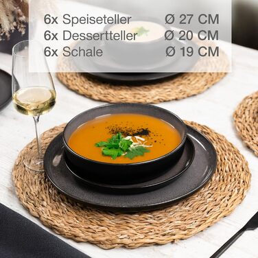 Набір посуду Moritz & Moritz VIDA на 6 осіб, 18 предметів - Сучасний набір посуду з порцеляни, стійкий до подряпин, підходить для мікрохвильової печі та посудомийної машини, сервіз на 6 осіб, колір антрацит