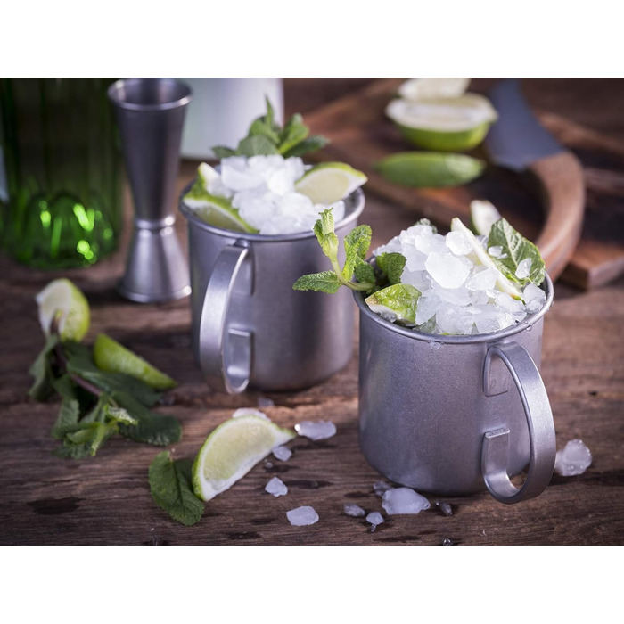 Moscow Mule - 2 x 500 ml Cocktail Glasses, 27 cm Bar Spoon, 5cl Jigger & Black Lime Squeezer, Food-Grade, Cocktail Glass Set including Gift Box, (Antique Stainless Steel, 2 Pieces (1 Pack))