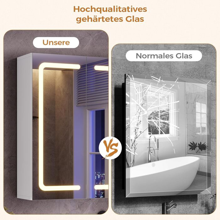 Дзеркало шафа для ванної кімнати з LED-підсвіткою, розеткою та 3 колірними температурами, 60x90x16 см, диммер, сенсорне управління, 3 регульовані полиці, білий колір