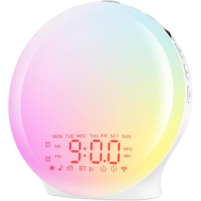 Bluetooth Alarm Clock, Daylight Alarm Clock, Wake-Up Light with Sunrise/Sunset Simulation, 17 Color Lights, 22 Sleep Sounds, Snooze, Two Alarms, FM Radio, for Heavy Sleepers & Kids