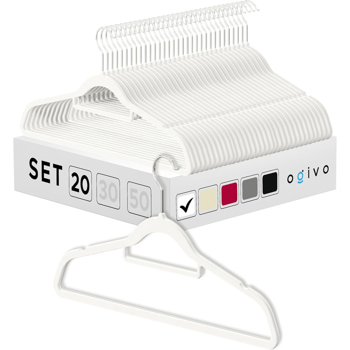 Вішалки для одягу OGIVO - набір 20 шт. з антиковзаючим покриттям, обертаються на 360°, з вирізами для плечей - для сорочок, блузок, краваток