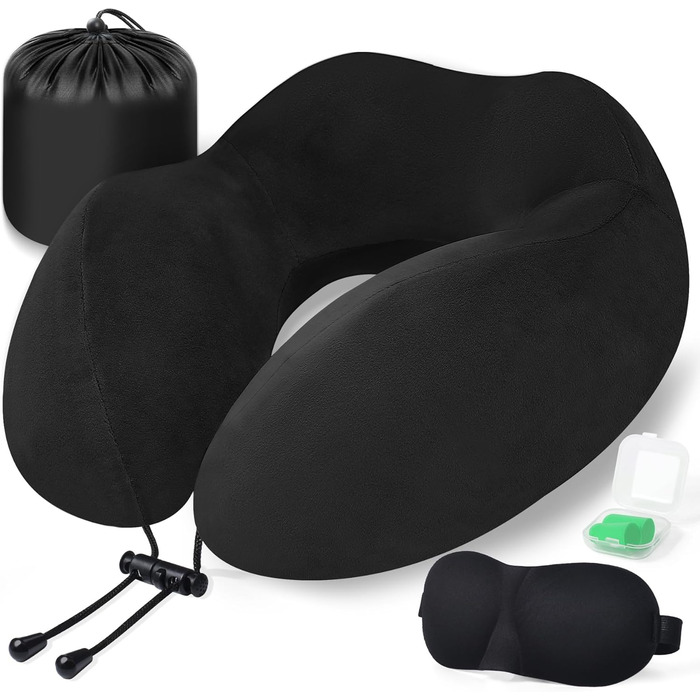 Подушка для шиї у вигляді звірка, Memory Foam, для дорослих, з маскою для сну та берушами, для подорожей, літака, офісу, авто, поїзда (Чорний)