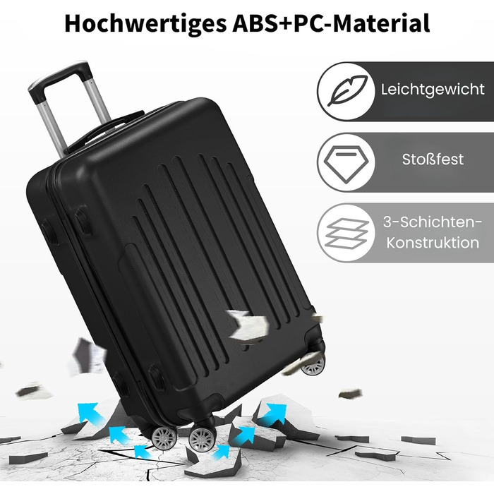 Набір валіз LEADZM 3 шт. з колесами, великий, жорсткий ABS+PC, телескопічна ручка, ручна поклажа (Чорний)