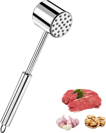 Fleischhmmer Bixury 27 см з нержавіючої сталі: подвійний молоток для м'яса з ребристою поверхнею для шніцелів, котлет, стейків, яловичини, свинини, курки (срібний)