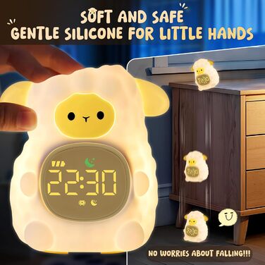Alarm clock with night light for children, featuring sleep training and sound machine functions, rechargeable silicone wake-up lamp, cute animal table lamp, perfect sleep companion for boys and girls.