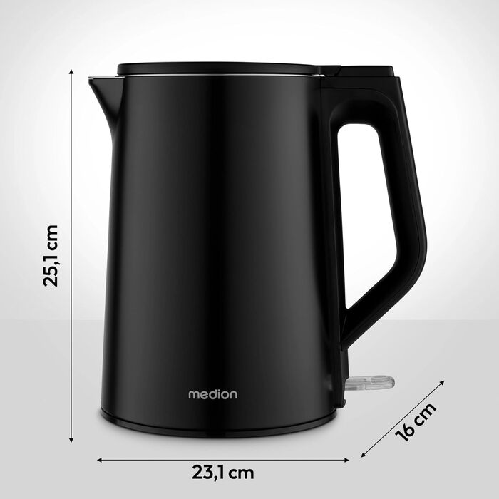 Електричний чайник MEDION MD12105 з нержавіючої сталі, 1.5 л, 2200 Вт, з функцією підігріву та LED-індикатором, чорний