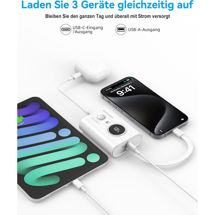 Power Bank AsperX 10000mAh з PD 30W, USB-C, білий. Швидка зарядка для iPhone 15/14, iPad. Компактний акумулятор