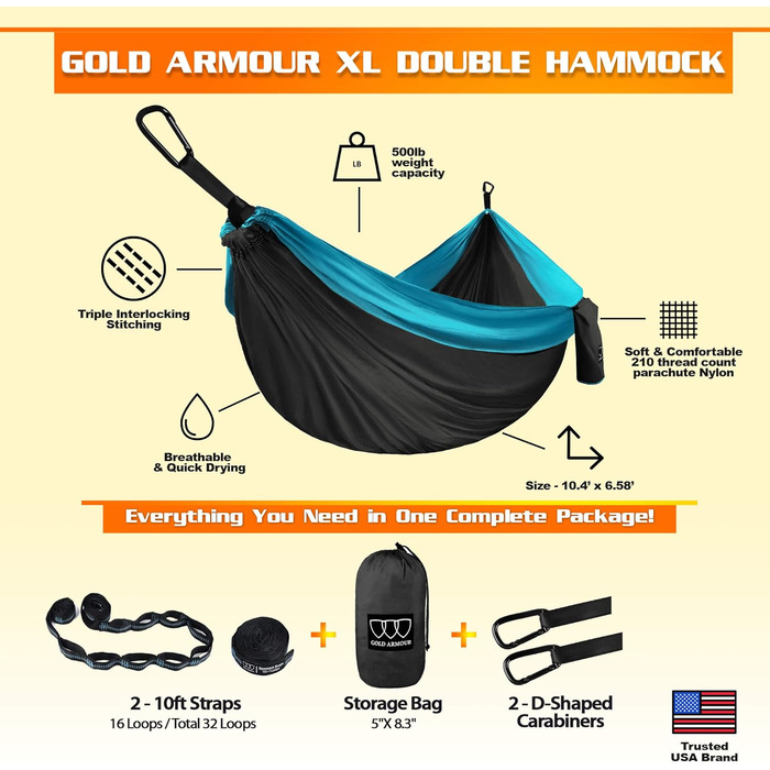 Гамак подвійний Gold Armour XL для кемпінгу та відпочинку на природі з ременями, США