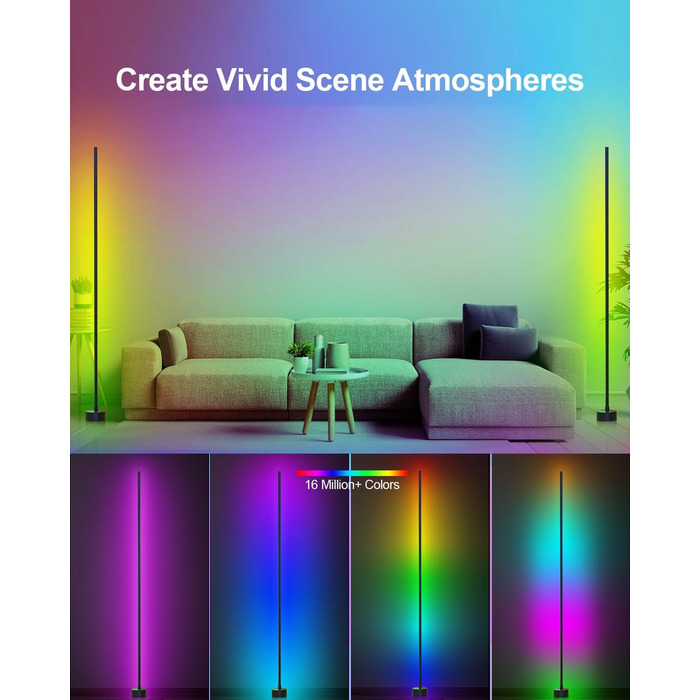 LED-підлогова лампа Miortior для вітальні, спальні, ігрової кімнати, RGB, диммування, керування з пульта та додатком, музичний синхронізатор, 16 мільйонів кольорів, 68 режимів, чорний велюр