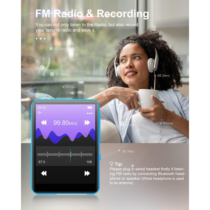 MP3 плеєр 64GB Bluetooth 5.3 HiFi з металевим корпусом, радіо FM, диктофон, сенсорний екран 2.4