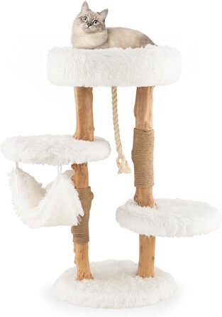 Дерев'яна кігтеточка SOARS для котів з 3-ма природними стовбурами, ліжко та плюшеві поверхні, з іграшковим м'ячиком та джутовим мотузком, багатоярусна, 59 x 49 x 110 см, білий колір