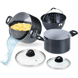 Набір каструль Genius Cerafit Magic Pot 6 предметів 20 см і 24 см, 3,7 л і 6,3 л з друшляком і скляною кришкою, універсальні, для всіх плит, чорний