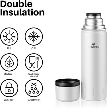 Термос-термокана з нержавіючої сталі SANTECO 1л, 500мл, не протікає, з кришкою-чашкою для подорожей. Термос для кави та чаю для дітей, спорту, без BPA, 24 години холод, 12 годин тепло (білий, 1000 мл)
