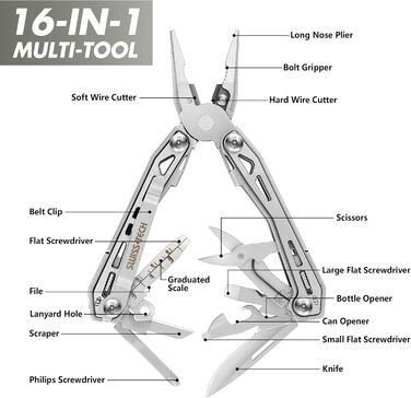 Мультитул Swiss+Tech 16 в 1: мультифункціональний інструмент з нержавіючої сталі з ножем, відкривачкою та кліпсою для ременя. Ідеально для кемпінгу та ремонту. З чохлом (Срібний)