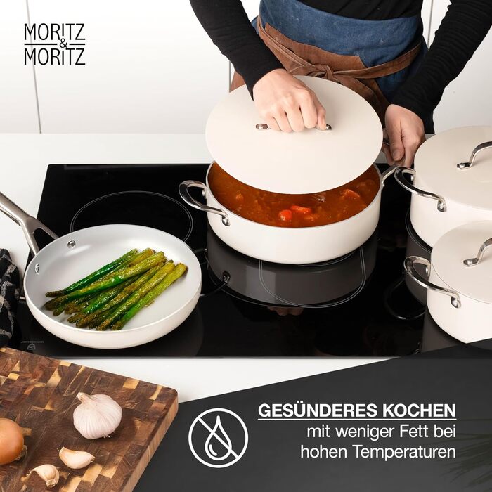 Moritz & Moritz 7-Piece Aluminum Cookware Set with Lids, Induction Compatible, including 2x Sauce Pots with Lids, 1x Serving Pan with Lid, and 1x Induction Frying Pan. Induction Cookware Set for all Cooktops, Cream color.