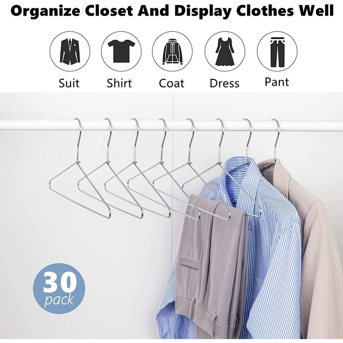 Amber Home 20-Piece 43cm Chrome Iron Clothes Hangers, Silver Metal Clothes Hangers for Suit, T-Shirt, Shirt, Jacket, Dress, Pants, Robust and Durable