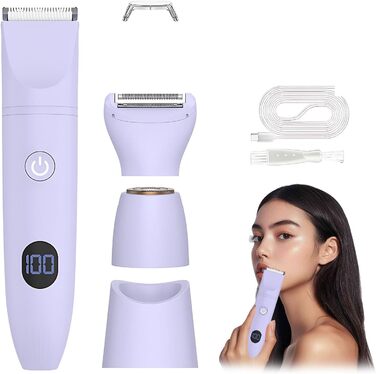 Електричний жіночий триммер 3-в-1 для тіла, ніг, рук та під пахвами, водонепроникний (IPX6), LCD-дисплей, фіолетовий