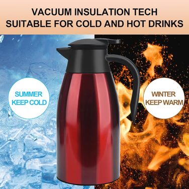 2 Liter Vacuum Insulated Flask, Stainless Steel Thermos, Large Opening, Thermos Keeps Drinks Hot for 12 Hours, Ideal as a Coffee Pot or Tea Pot, Pot for 12 Cups (Red)