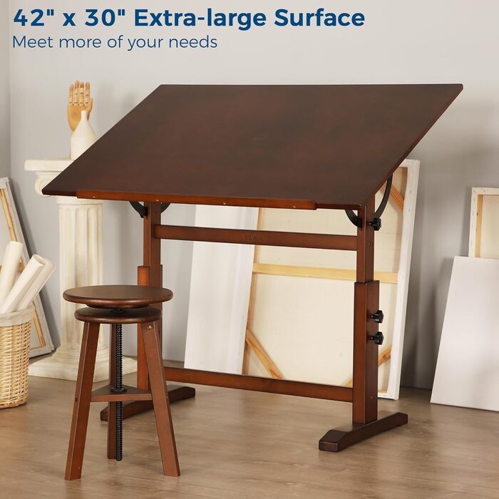 VISWIN Adjustable Art Drawing Table - Large Wooden Easel for Artists - Height & Tilt Adjustable, Solid Pine Wood, Studio Painting Table, Walnut Finish