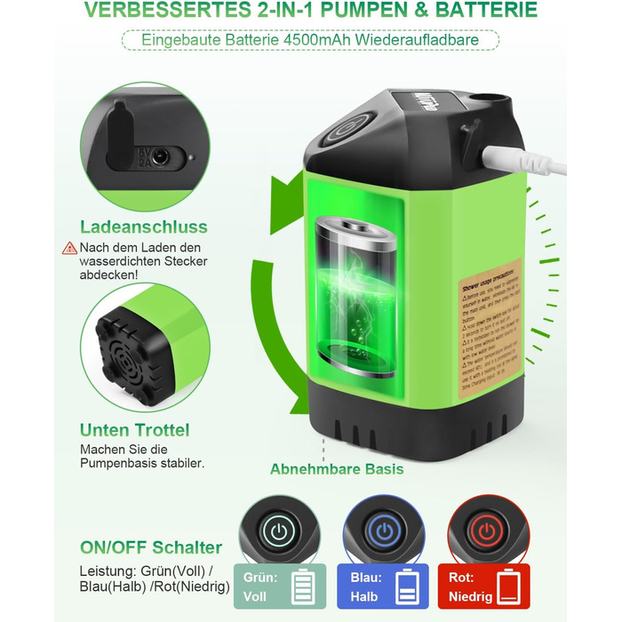 AUTOPkio Camping Shower with Battery, Upgraded Camping Shower 4500mAh Rechargeable Pump, IPX7 Waterproof for Camp, Outdoor, Hiking, Car Washing, Pet (Green)