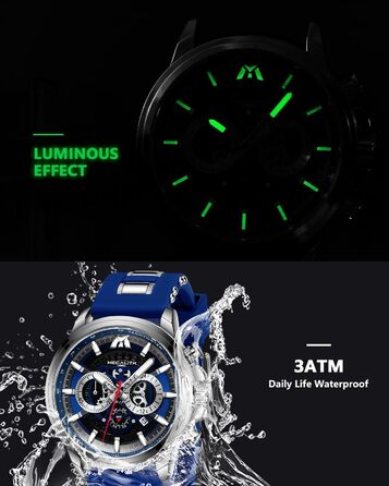 MEGALITH Годинник чоловічий Хронограф: Водонепроникні годинники з датою та світловим покриттям. Великі кварцові годинники для спортивних чоловіків, синій колір. Подарунок для чоловіків.